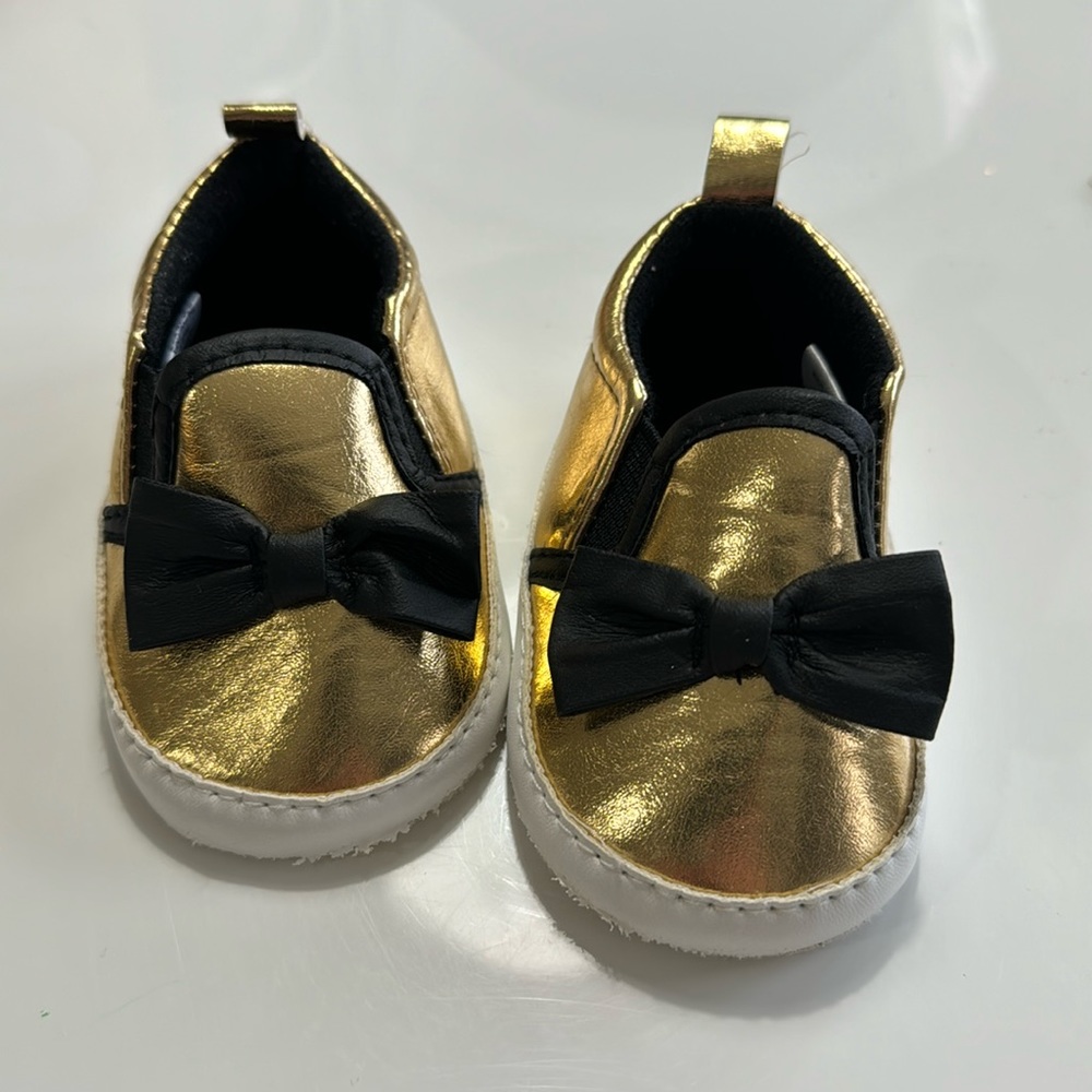 Little Treasures 0-6 Months Baby Sandals Gold Black Bows Soft Elastic Shoes